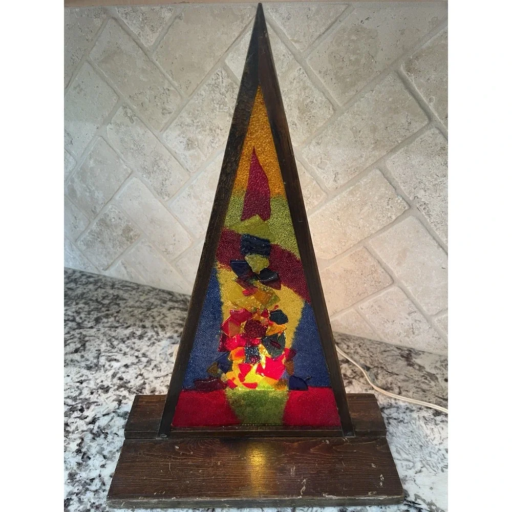 Vtg Mid Century Modern Pyramid Stained Glass Lucite Christmas Tree Lamp MCM
